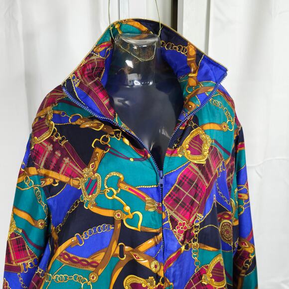 80s Silk Equestrian Warm Up Jacket Horses Color Block Size 2X - Picture 1 of 12